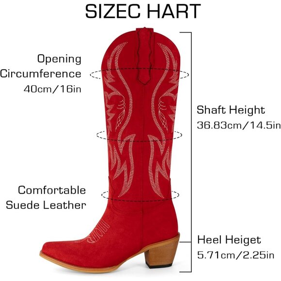 Women's Faux Suede Pointed Heeled Western Wide Calf Embroidered Red Boots - Picture 4 of 8